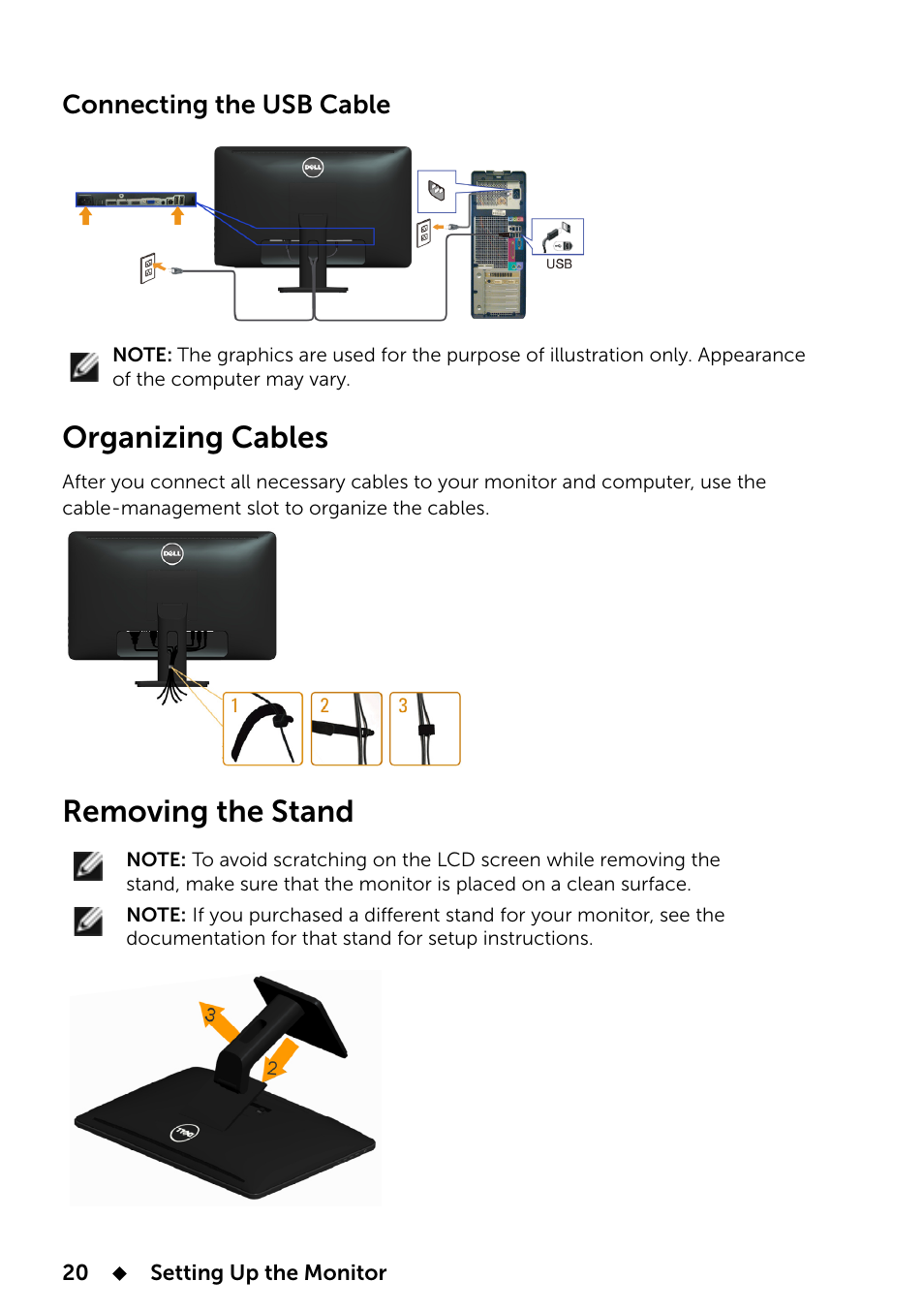 Organizing cables, Removing the stand, Connecting the usb cable | Dell E2014T 19.5 Multi-Touch Monitor with LED User Manual | Page 20 / 56