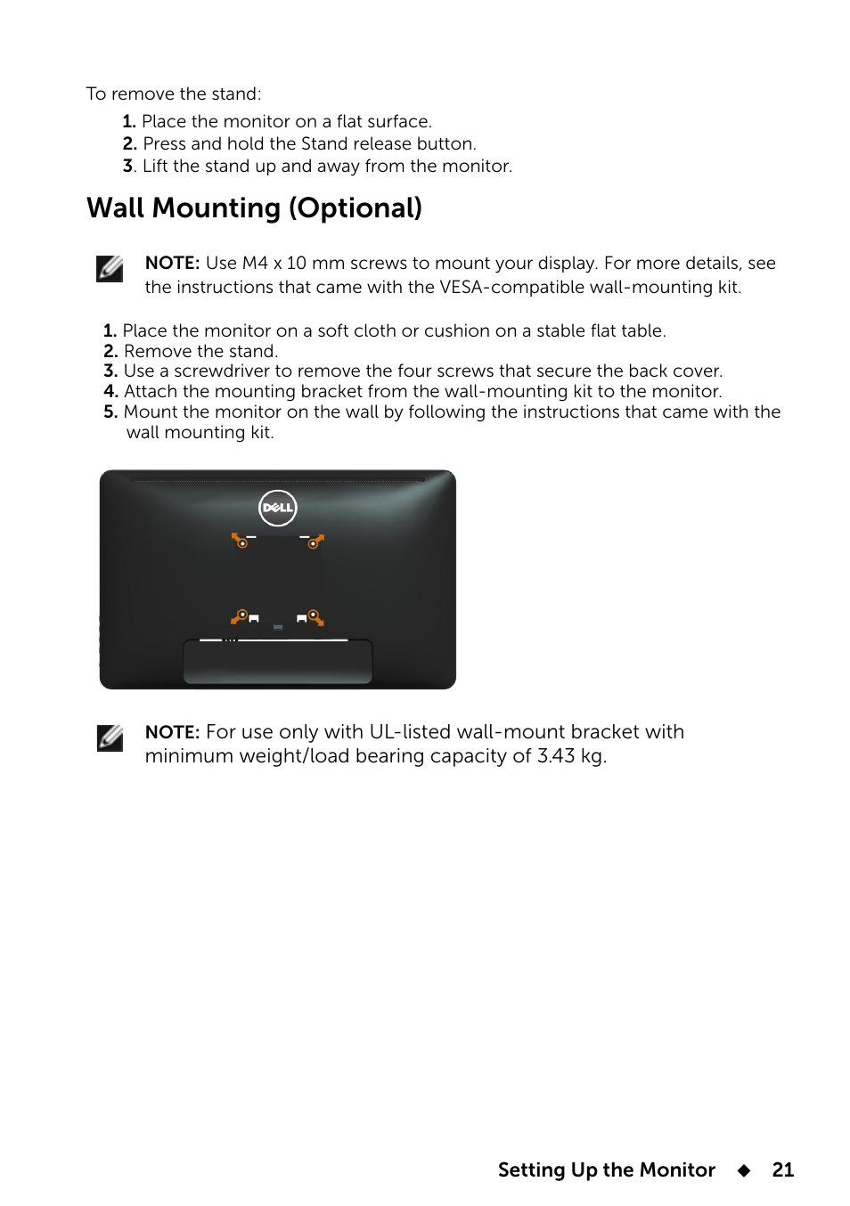 Wall mounting (optional) | Dell E2014T 19.5 Multi-Touch Monitor with LED User Manual | Page 21 / 56