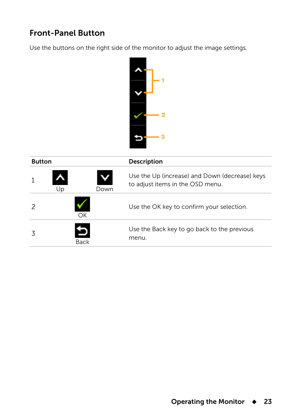 Front-panel button | Dell E2014T 19.5 Multi-Touch Monitor with LED User Manual | Page 23 / 56