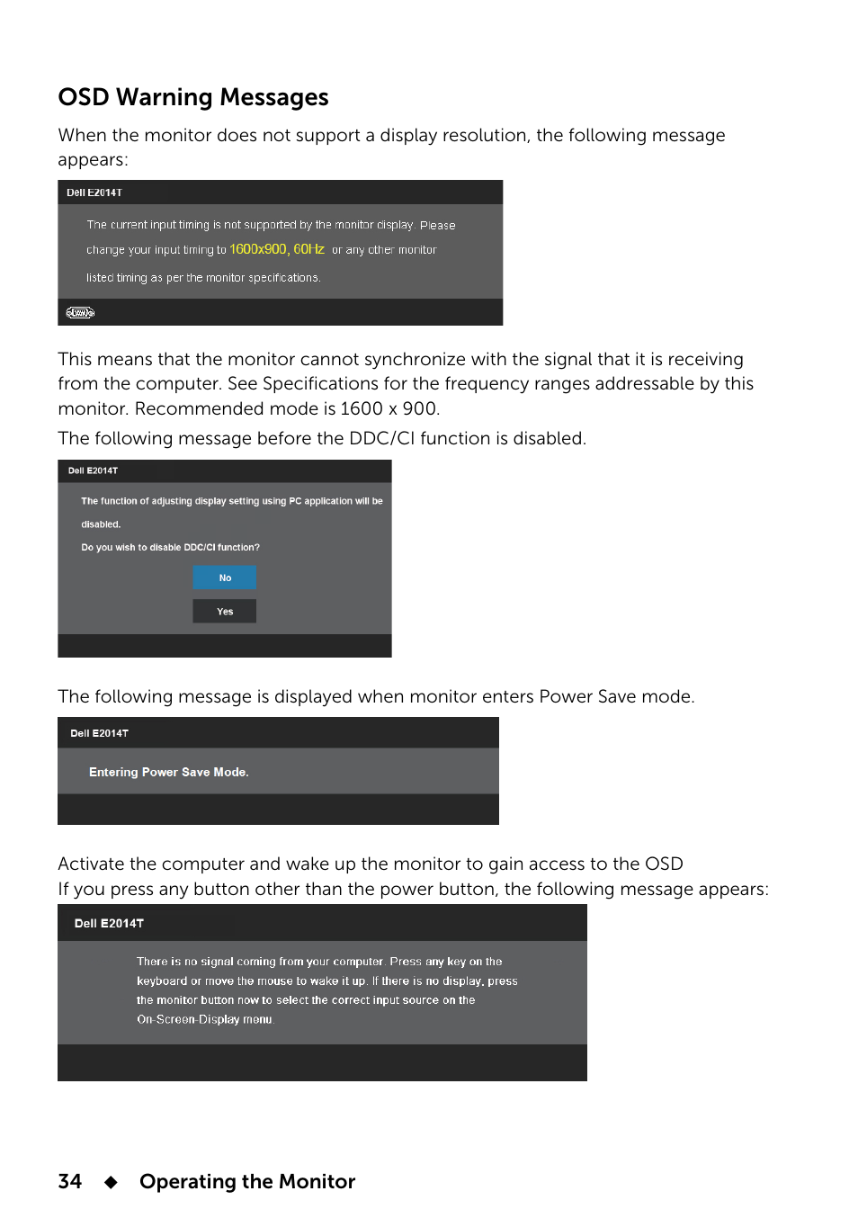 Osd warning messages | Dell E2014T 19.5 Multi-Touch Monitor with LED User Manual | Page 34 / 56