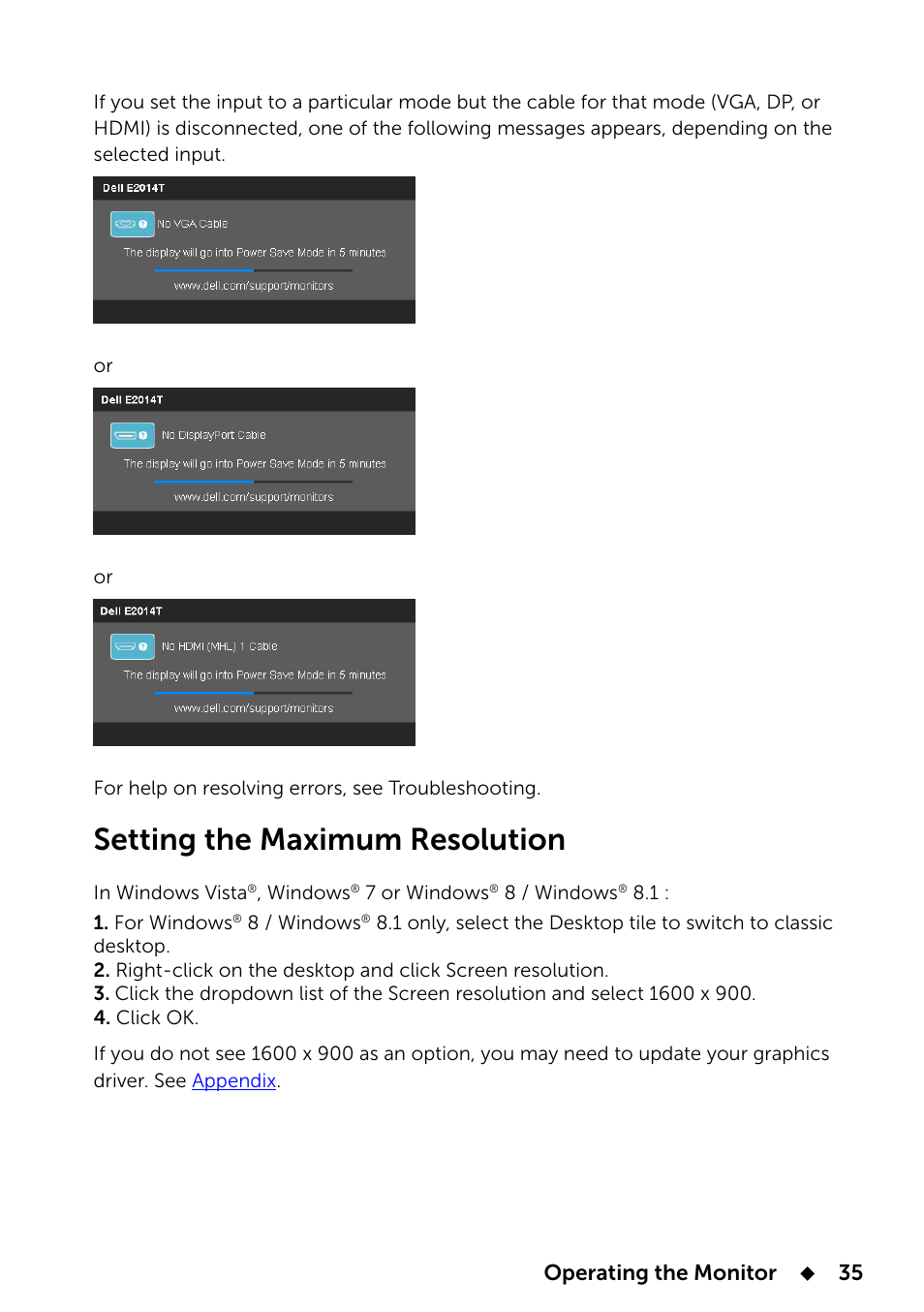 Setting the maximum resolution, Operating the monitor | Dell E2014T 19.5 Multi-Touch Monitor with LED User Manual | Page 35 / 56