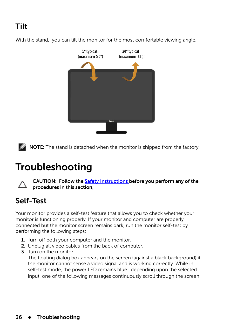 Tilt, Troubleshooting, Self-test | Dell E2014T 19.5 Multi-Touch Monitor with LED User Manual | Page 36 / 56