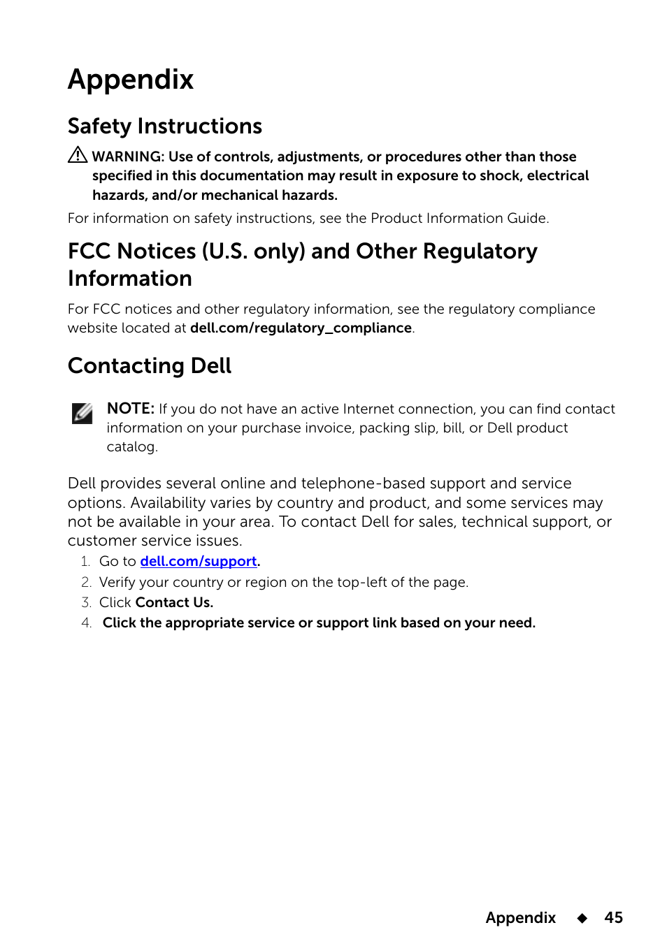 Appendix, Safety instructions, Contacting dell | Before cleaning the | Dell E2014T 19.5 Multi-Touch Monitor with LED User Manual | Page 45 / 56
