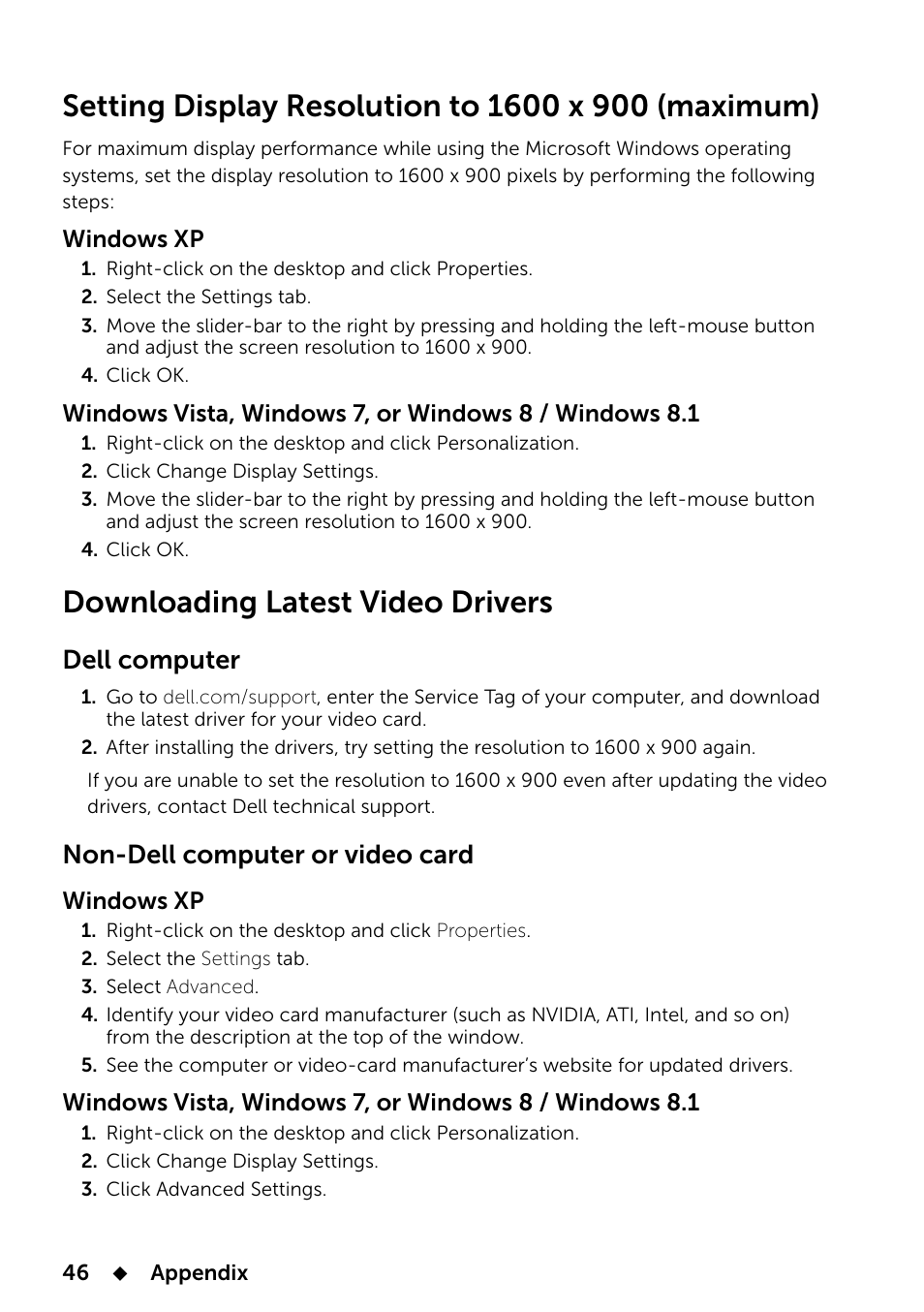 Setting display resolution to 1600 x 900 (maximum), Downloading latest video drivers, Dell computer | Non-dell computer or video card | Dell E2014T 19.5 Multi-Touch Monitor with LED User Manual | Page 46 / 56