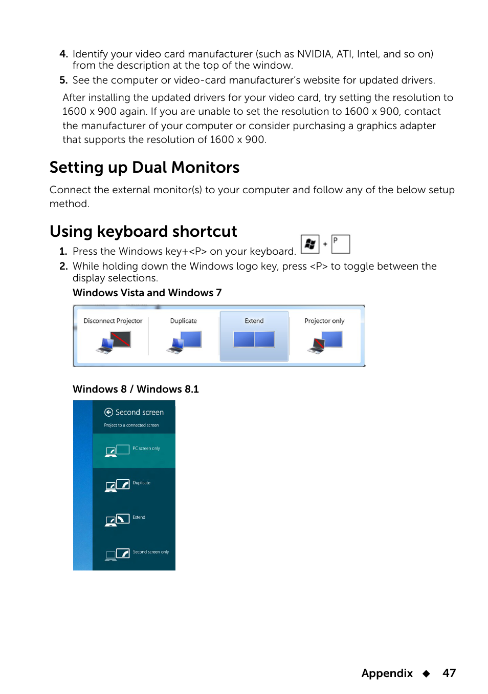 Setting up dual monitors, Using keyboard shortcut | Dell E2014T 19.5 Multi-Touch Monitor with LED User Manual | Page 47 / 56