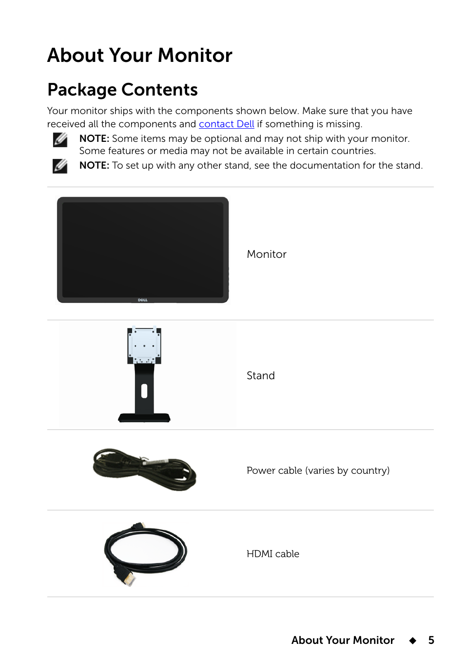 About your monitor, Package contents | Dell E2014T 19.5 Multi-Touch Monitor with LED User Manual | Page 5 / 56