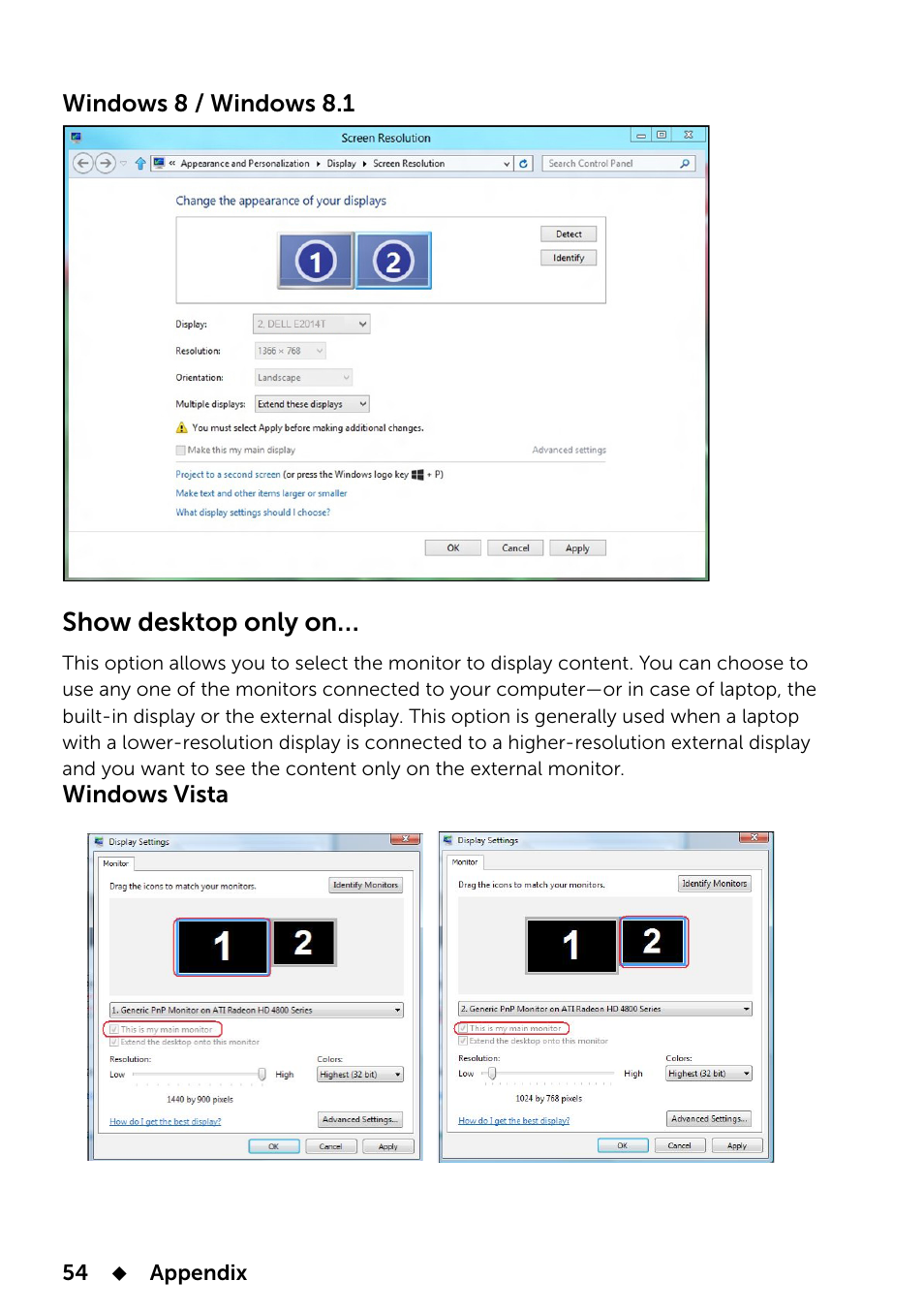 Show desktop only on | Dell E2014T 19.5 Multi-Touch Monitor with LED User Manual | Page 54 / 56