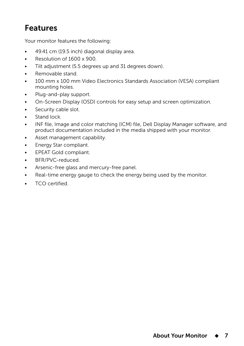 Features | Dell E2014T 19.5 Multi-Touch Monitor with LED User Manual | Page 7 / 56