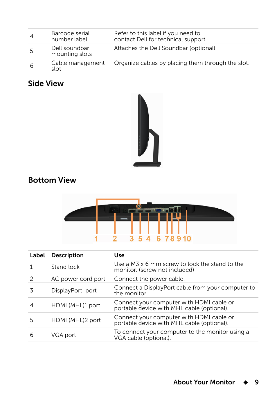 Side view bottom view | Dell E2014T 19.5 Multi-Touch Monitor with LED User Manual | Page 9 / 56