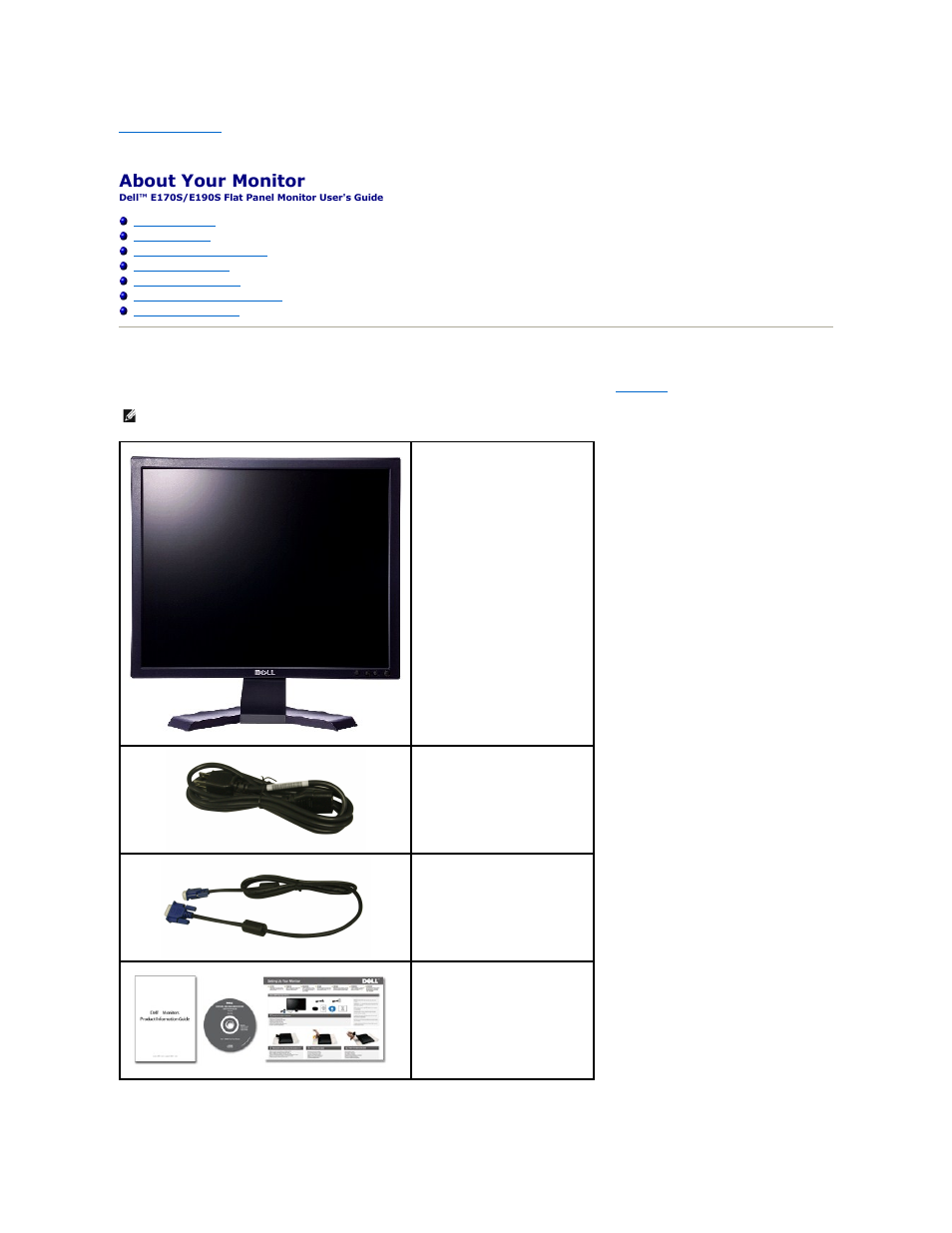 About your monitor, Package contents | Dell E170S Monitor User Manual | Page 2 / 29
