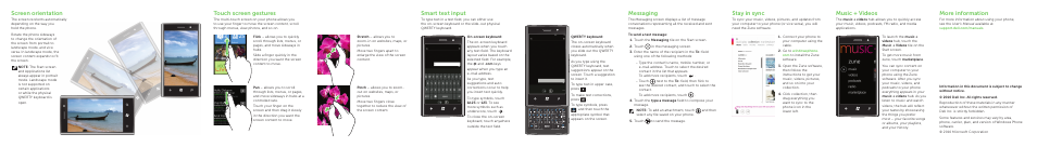 Music + videos, More information, Screen orientation | Messaging, Stay in sync, Smart text input, Touch screen gestures | Dell Mobile Venue Pro User Manual | Page 2 / 2