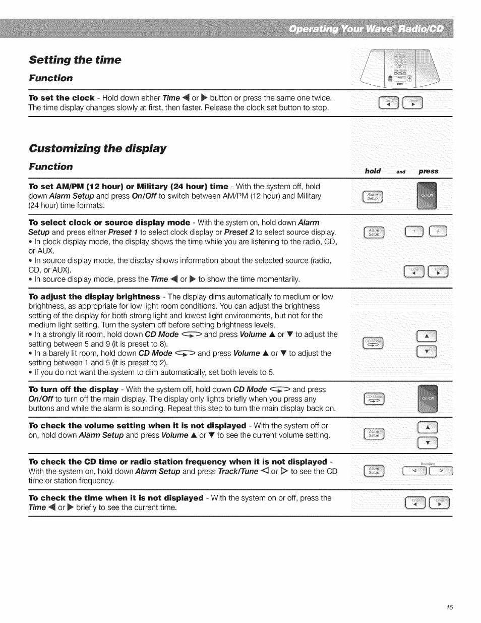 Gdcid, Customizing the display, Setting the time function | Bose CD Player User Manual | Page 15 / 30