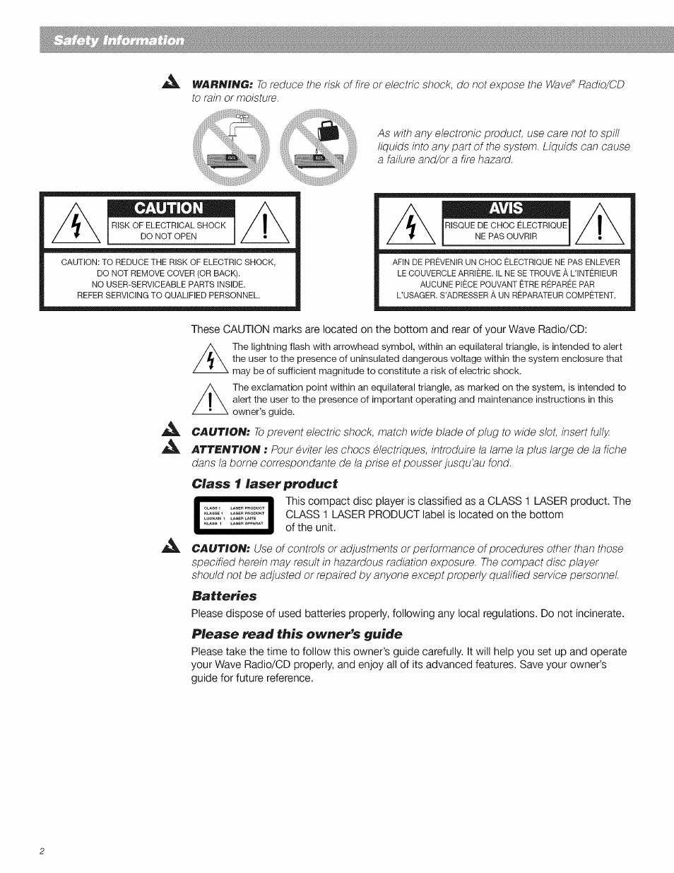 Caution, Avis, Class 1 laser product | Batteries, Please read this owner’s guide | Bose CD Player User Manual | Page 2 / 30