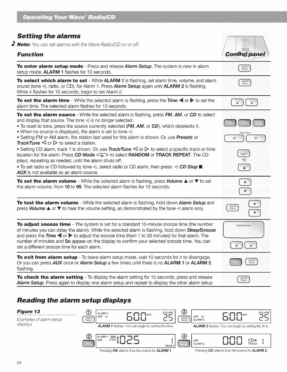 Setting the alarms, Setup, Reading the alarm | Displays, Function ■ro| panel | Bose CD Player User Manual | Page 20 / 30