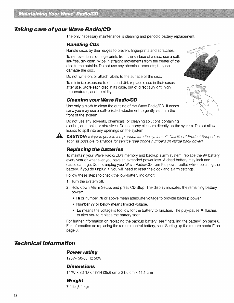 Taking cam of your wawe radlo/cd, Technical information | Bose CD Player User Manual | Page 22 / 30