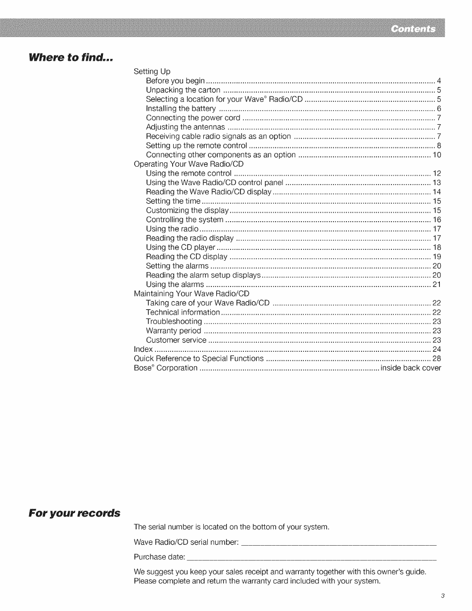 Where to fina.m, For your records | Bose CD Player User Manual | Page 3 / 30