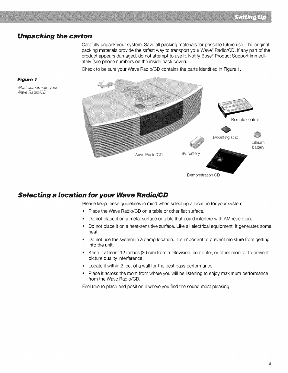 Selecting a location for your wave radio/cd, Unpacking the caifon | Bose CD Player User Manual | Page 5 / 30
