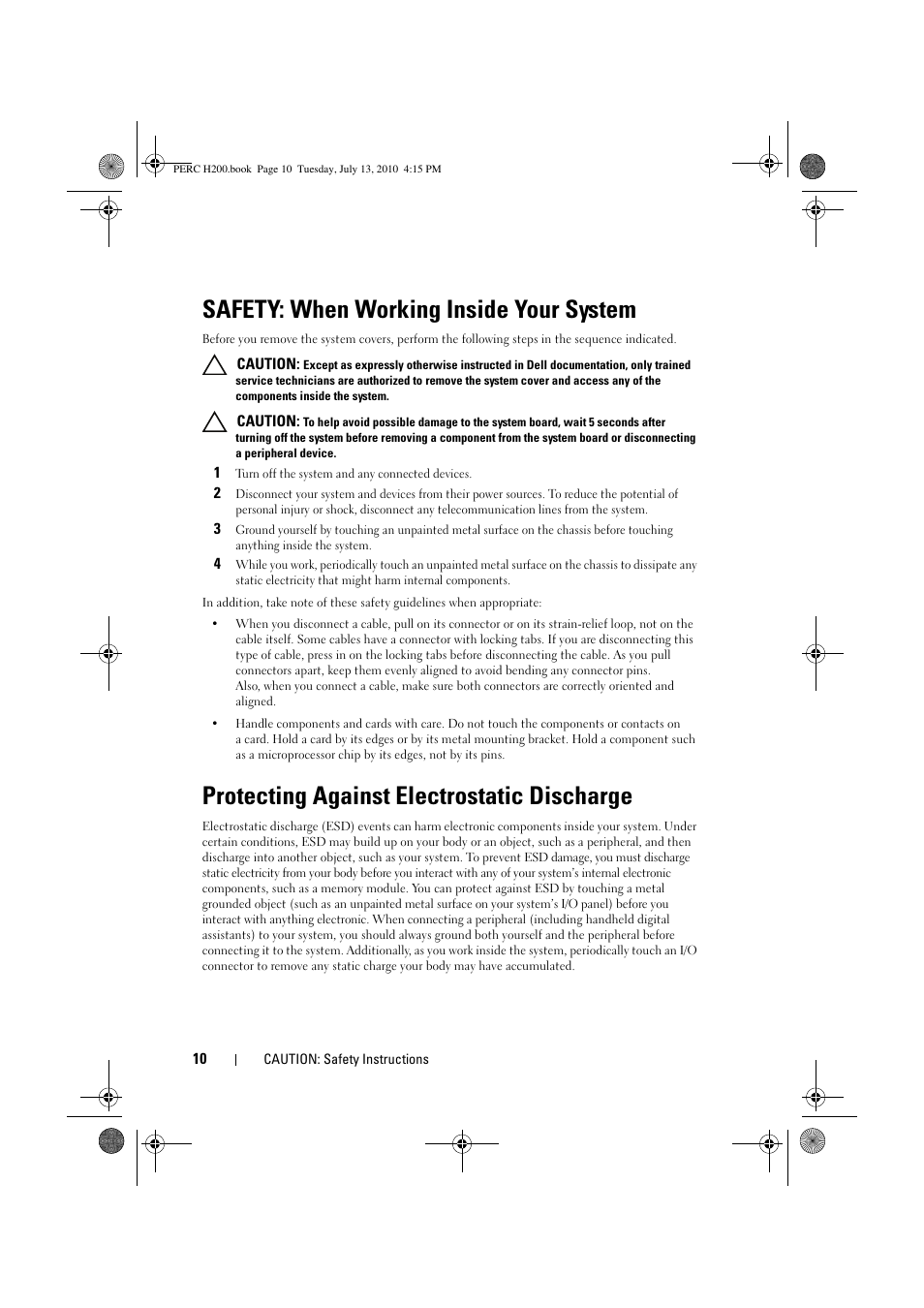 Safety: when working inside your system, Protecting against electrostatic discharge | Dell PowerEdge RAID Controller H200 User Manual | Page 10 / 92