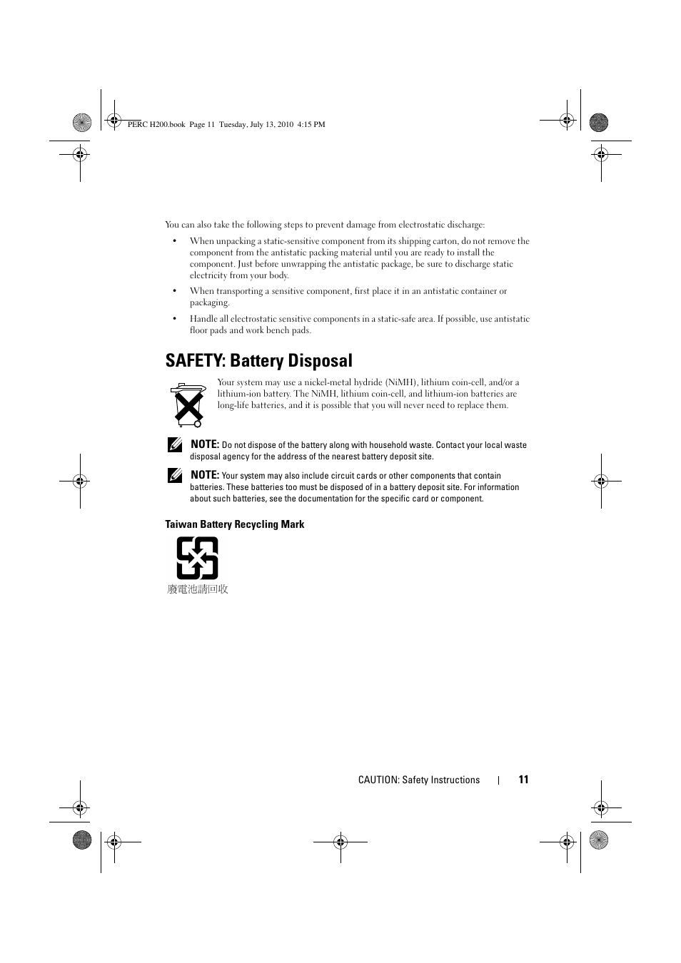 Safety: battery disposal | Dell PowerEdge RAID Controller H200 User Manual | Page 11 / 92