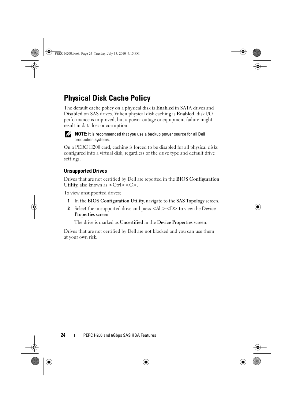 Physical disk cache policy, Unsupported drives | Dell PowerEdge RAID Controller H200 User Manual | Page 24 / 92