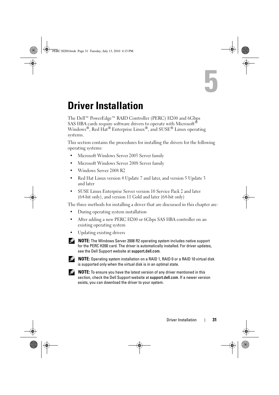 Driver installation | Dell PowerEdge RAID Controller H200 User Manual | Page 31 / 92