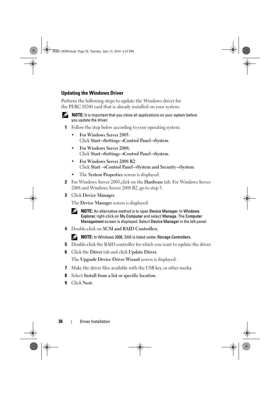 Updating the windows driver | Dell PowerEdge RAID Controller H200 User Manual | Page 36 / 92