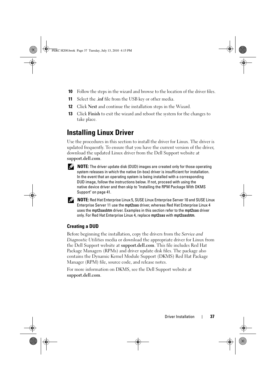 Installing linux driver, Creating a dud | Dell PowerEdge RAID Controller H200 User Manual | Page 37 / 92