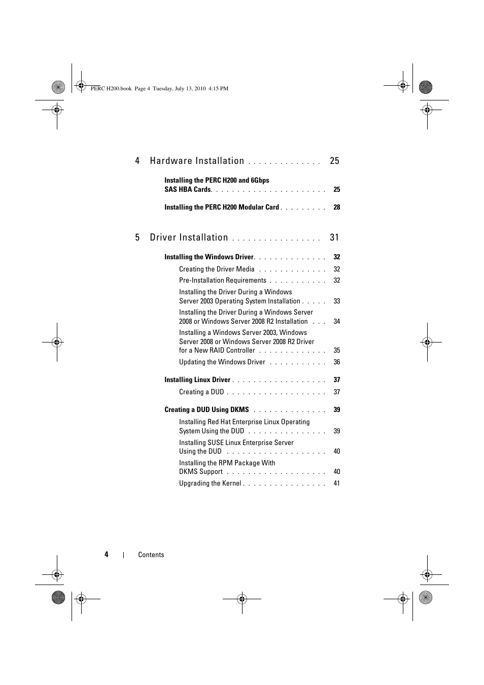 4hardware installation, 5driver installation | Dell PowerEdge RAID Controller H200 User Manual | Page 4 / 92