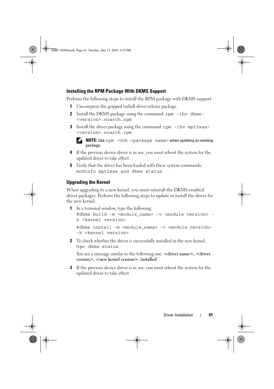 Installing the rpm package with dkms support, Upgrading the kernel | Dell PowerEdge RAID Controller H200 User Manual | Page 41 / 92