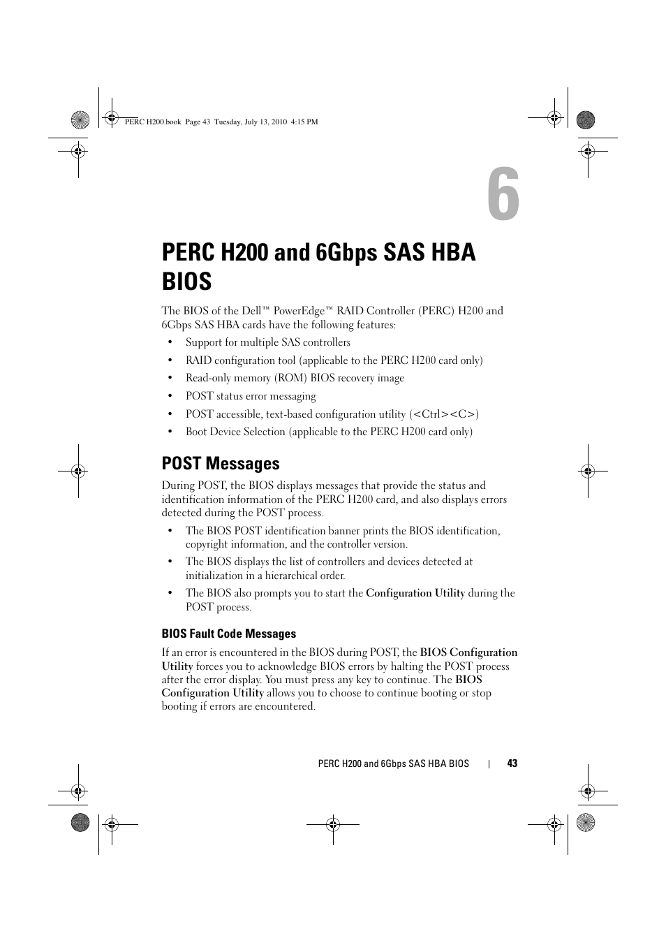 Perc h200 and 6gbps sas hba bios, Post messages, Bios fault code messages | Dell PowerEdge RAID Controller H200 User Manual | Page 43 / 92