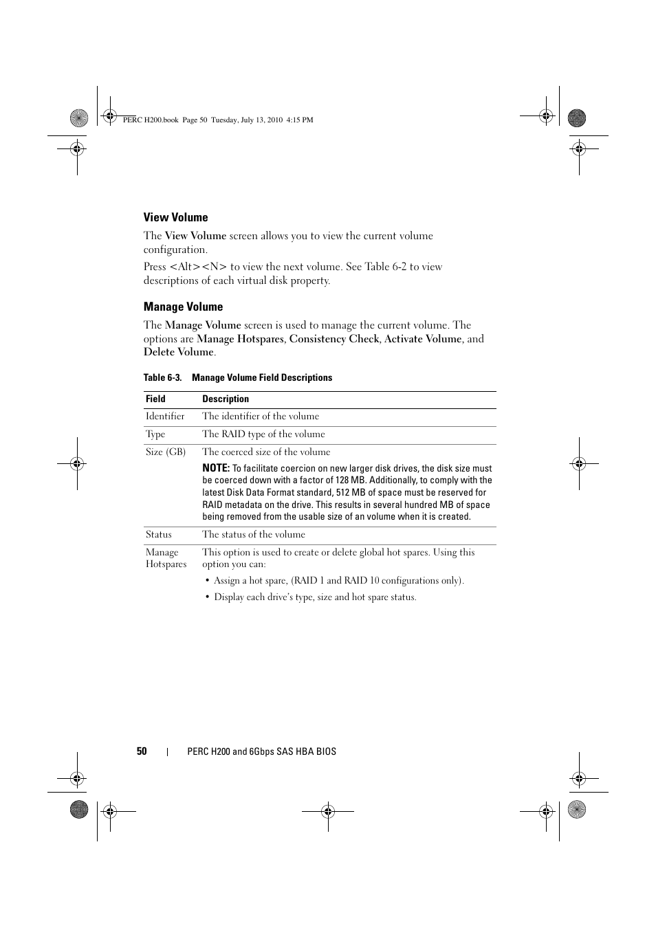 View volume, Manage volume | Dell PowerEdge RAID Controller H200 User Manual | Page 50 / 92