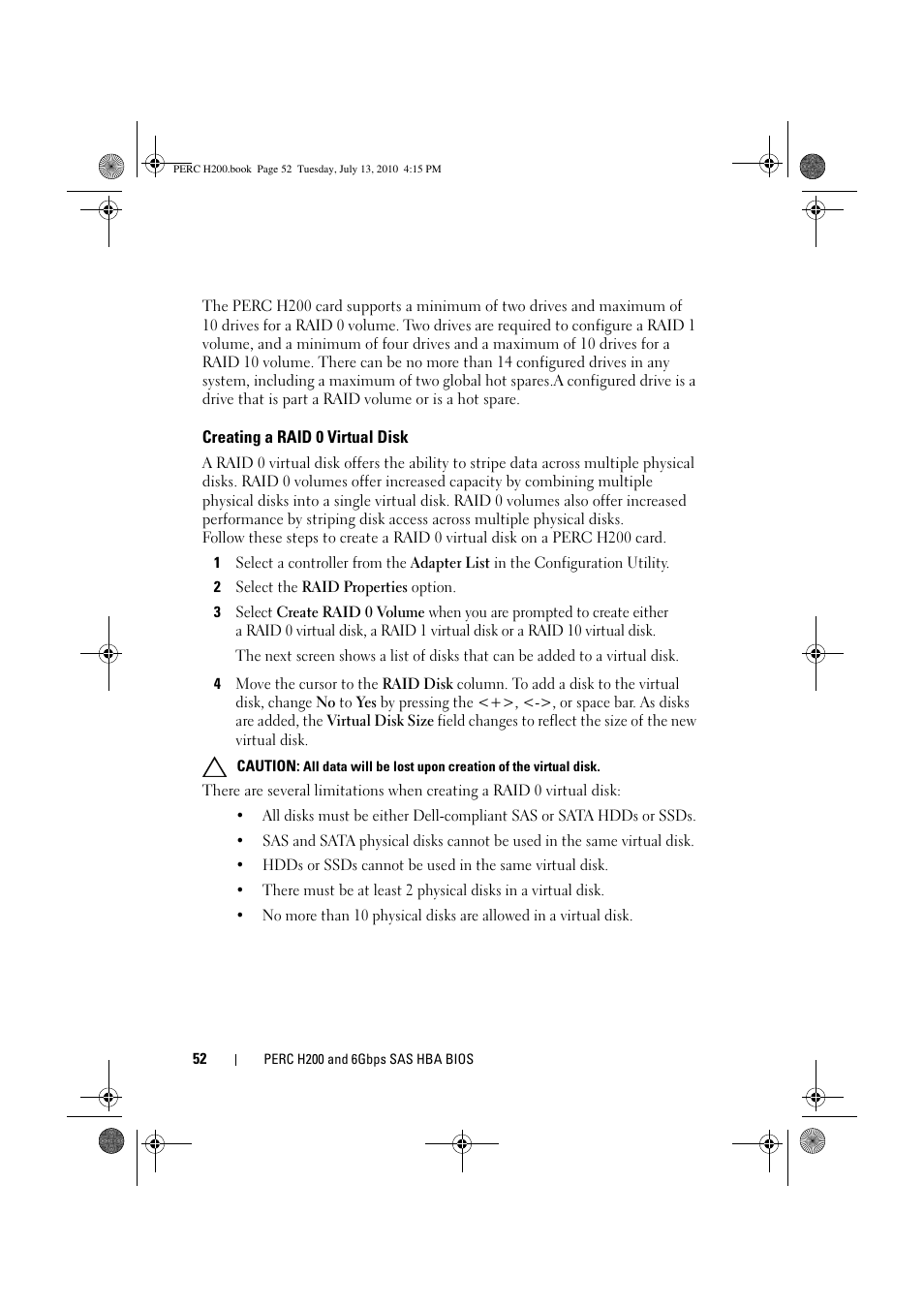 Creating a raid 0 virtual disk | Dell PowerEdge RAID Controller H200 User Manual | Page 52 / 92