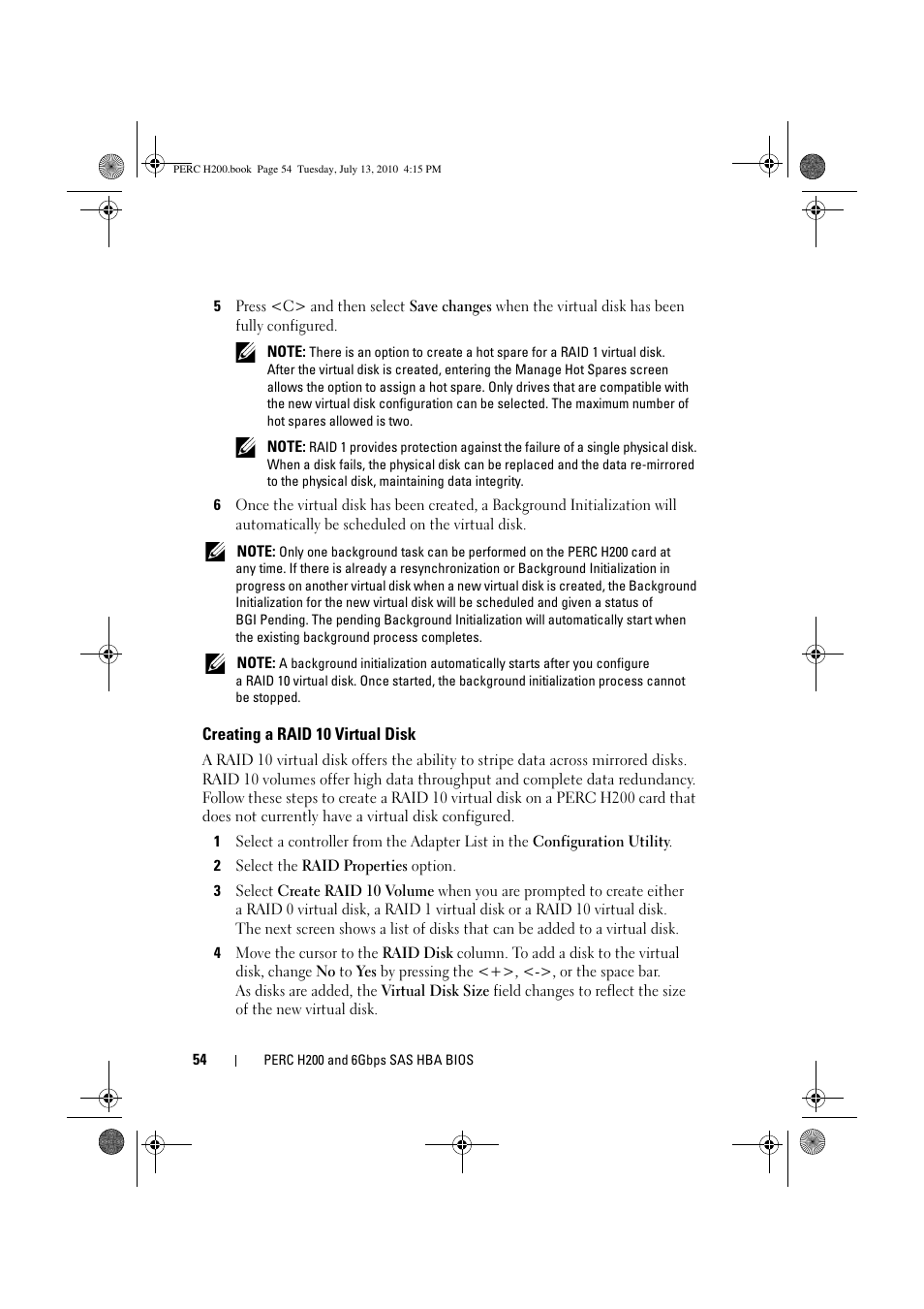 Creating a raid 10 virtual disk | Dell PowerEdge RAID Controller H200 User Manual | Page 54 / 92