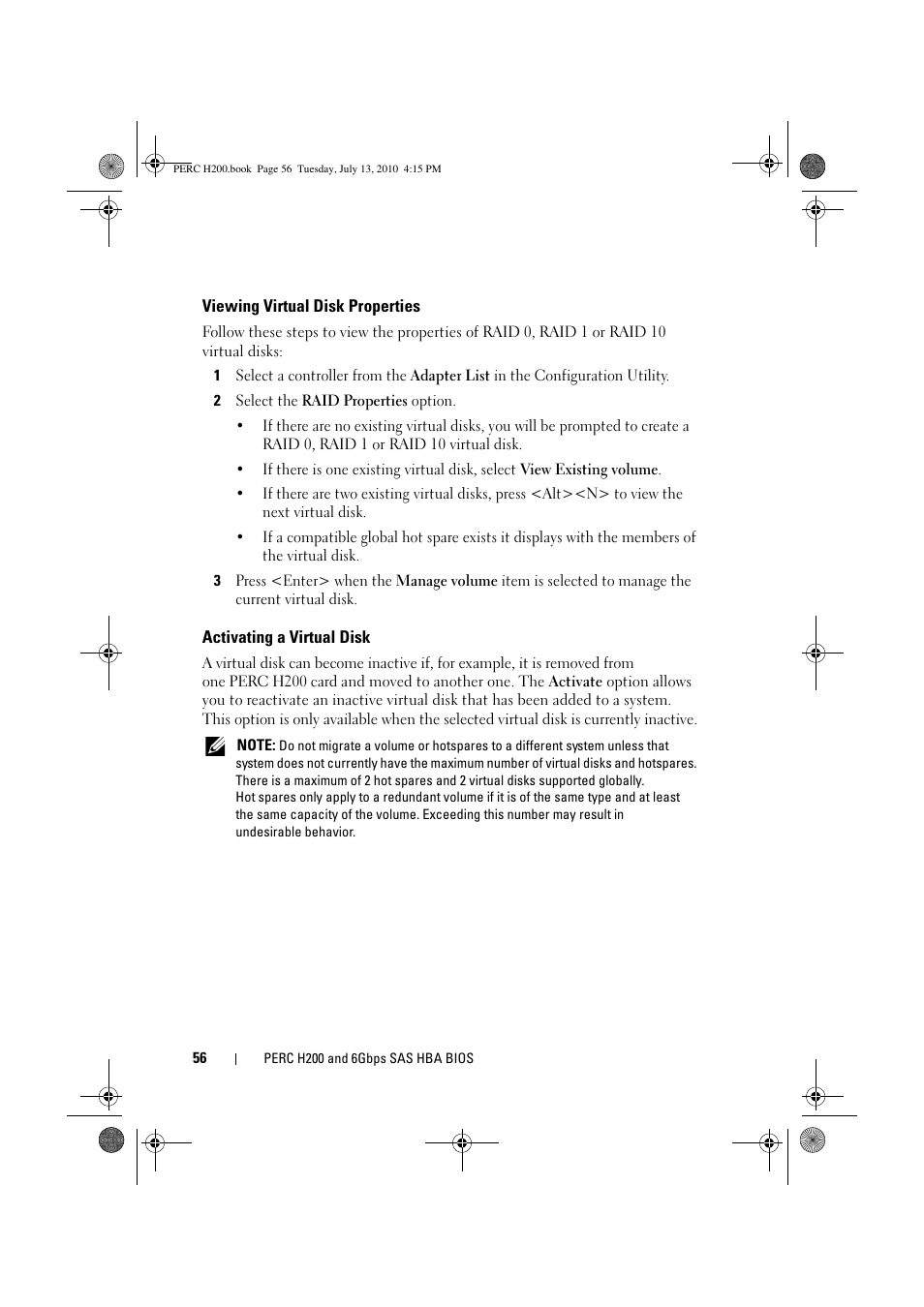 Viewing virtual disk properties, Activating a virtual disk | Dell PowerEdge RAID Controller H200 User Manual | Page 56 / 92