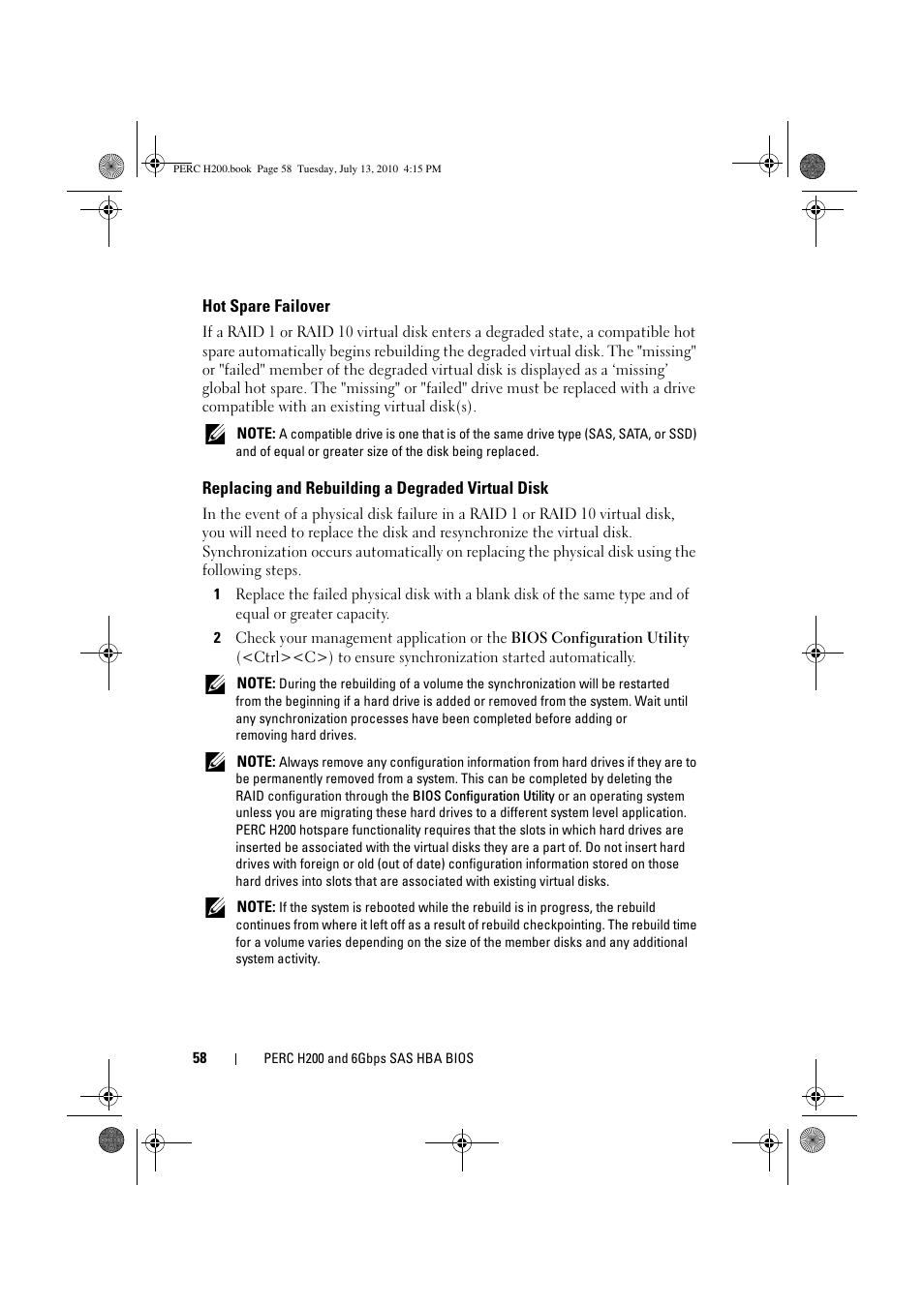 Hot spare failover, Replacing and rebuilding a degraded virtual disk | Dell PowerEdge RAID Controller H200 User Manual | Page 58 / 92