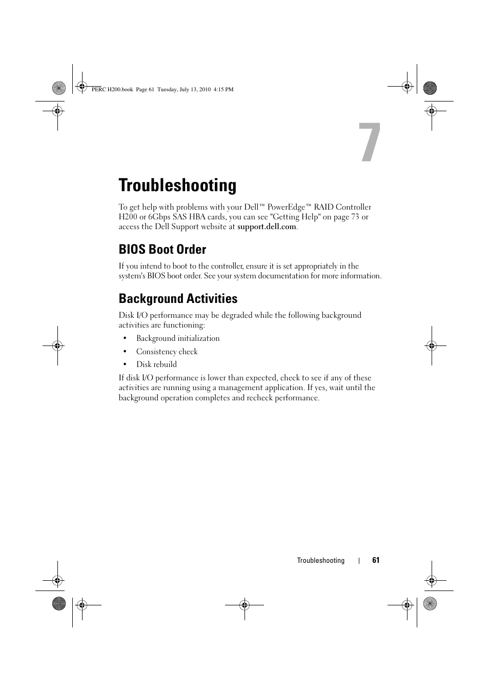 Troubleshooting, Bios boot order, Background activities | Dell PowerEdge RAID Controller H200 User Manual | Page 61 / 92