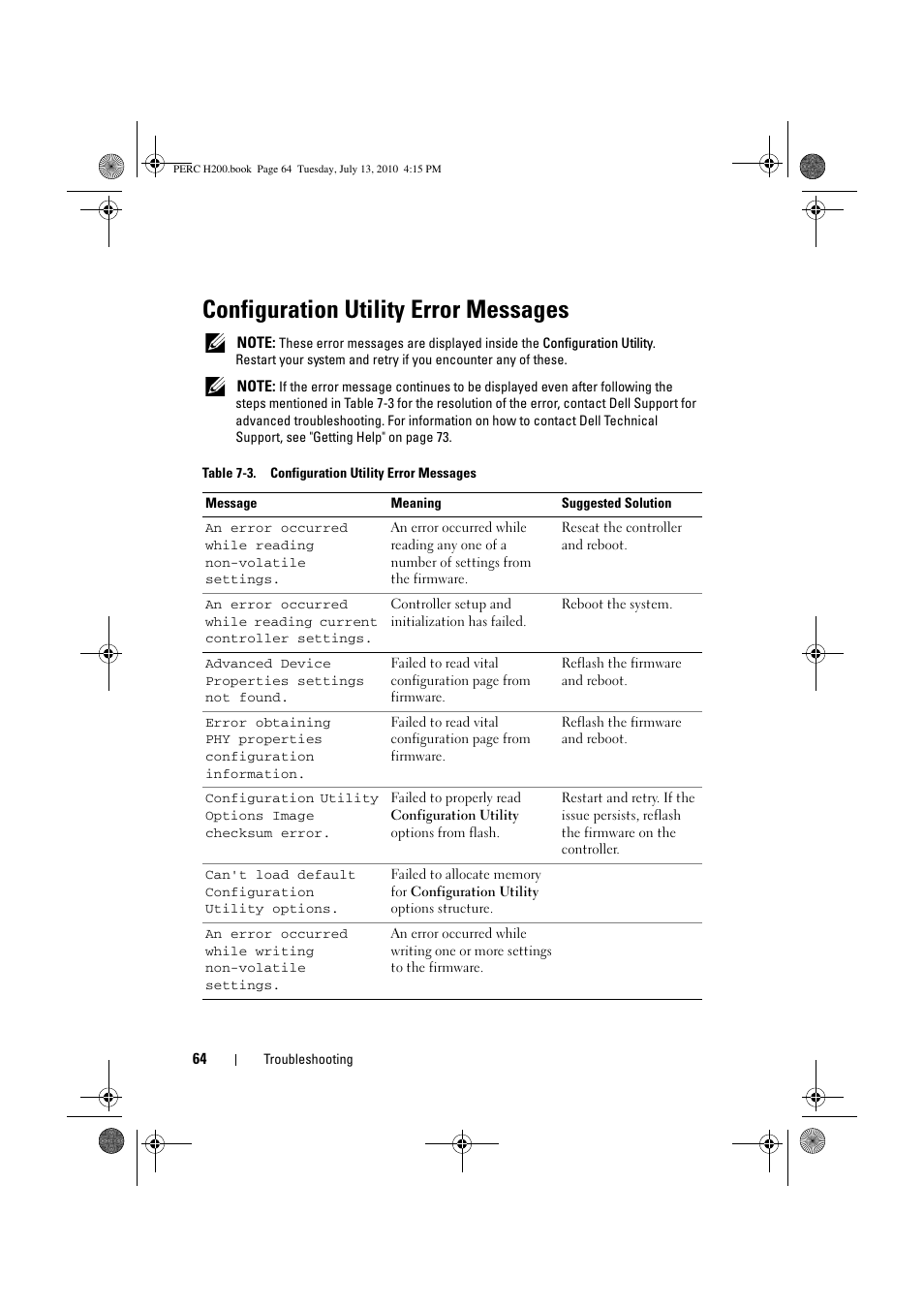 Configuration utility error messages | Dell PowerEdge RAID Controller H200 User Manual | Page 64 / 92