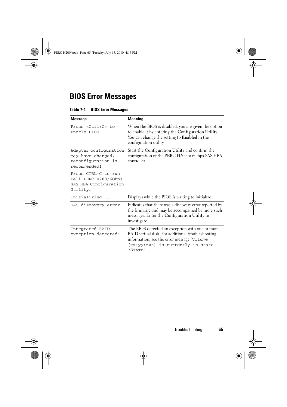Bios error messages | Dell PowerEdge RAID Controller H200 User Manual | Page 65 / 92