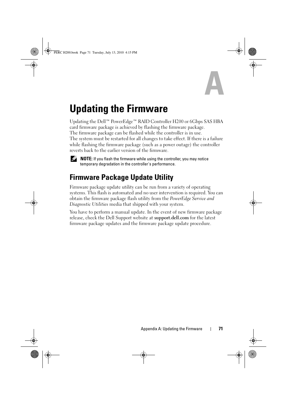Updating the firmware, Firmware package update utility | Dell PowerEdge RAID Controller H200 User Manual | Page 71 / 92