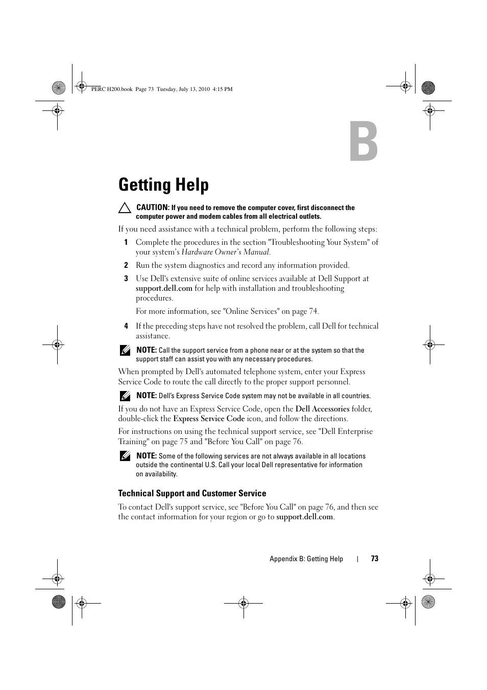 Getting help, Technical support and customer service | Dell PowerEdge RAID Controller H200 User Manual | Page 73 / 92