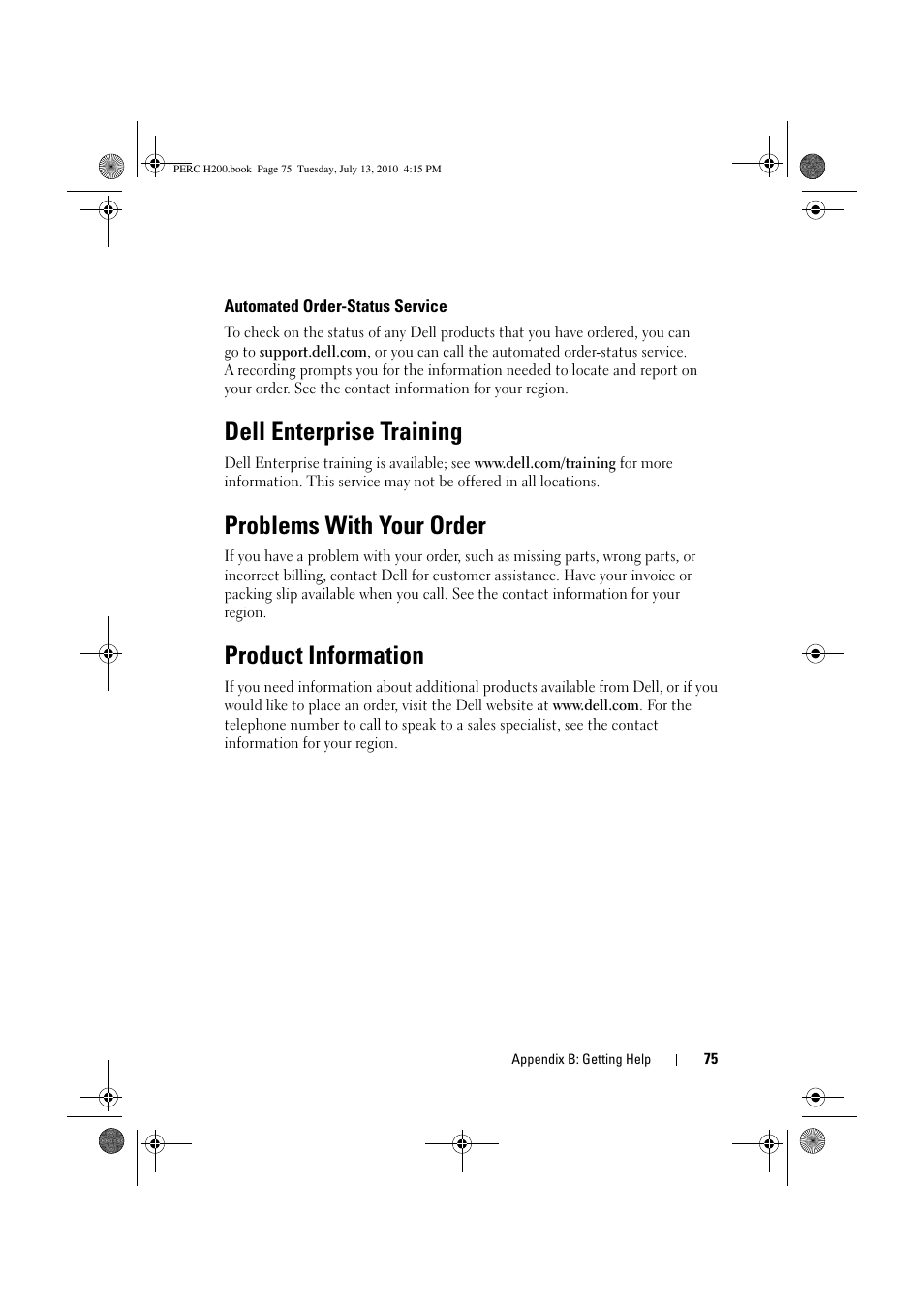 Automated order-status service, Dell enterprise training, Problems with your order | Product information | Dell PowerEdge RAID Controller H200 User Manual | Page 75 / 92