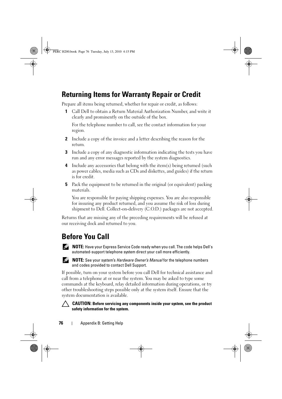 Returning items for warranty repair or credit, Before you call | Dell PowerEdge RAID Controller H200 User Manual | Page 76 / 92