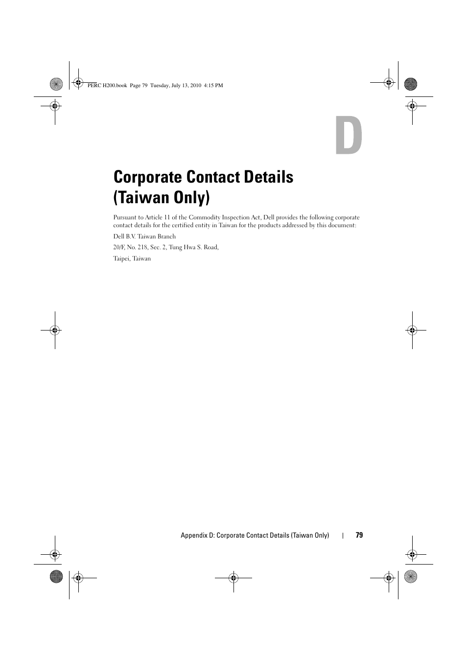 Corporate contact details (taiwan only), Corporate contact details, Taiwan only) | Dell PowerEdge RAID Controller H200 User Manual | Page 79 / 92