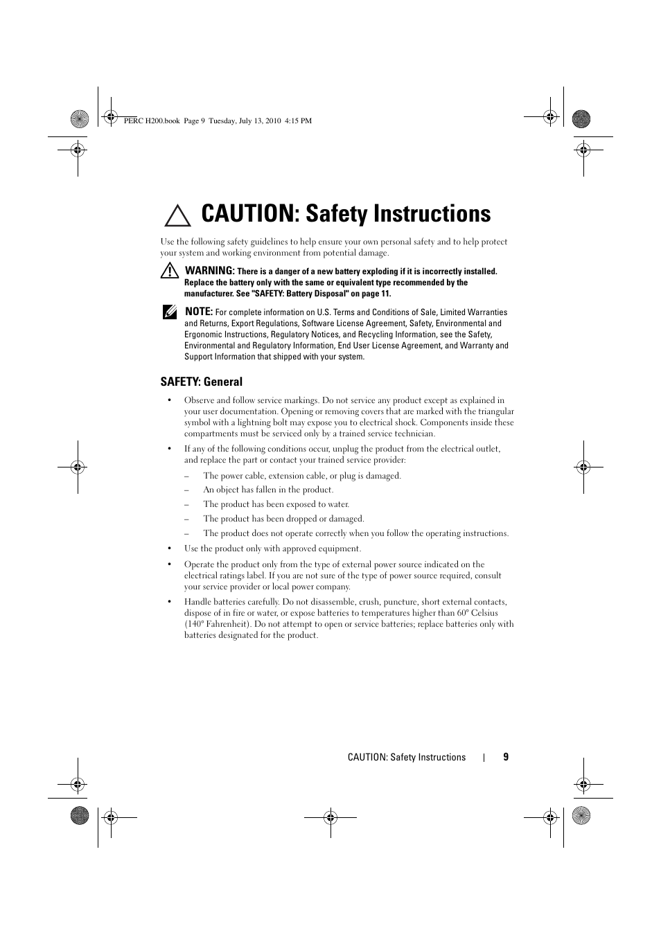 Caution: safety instructions, Safety: general | Dell PowerEdge RAID Controller H200 User Manual | Page 9 / 92