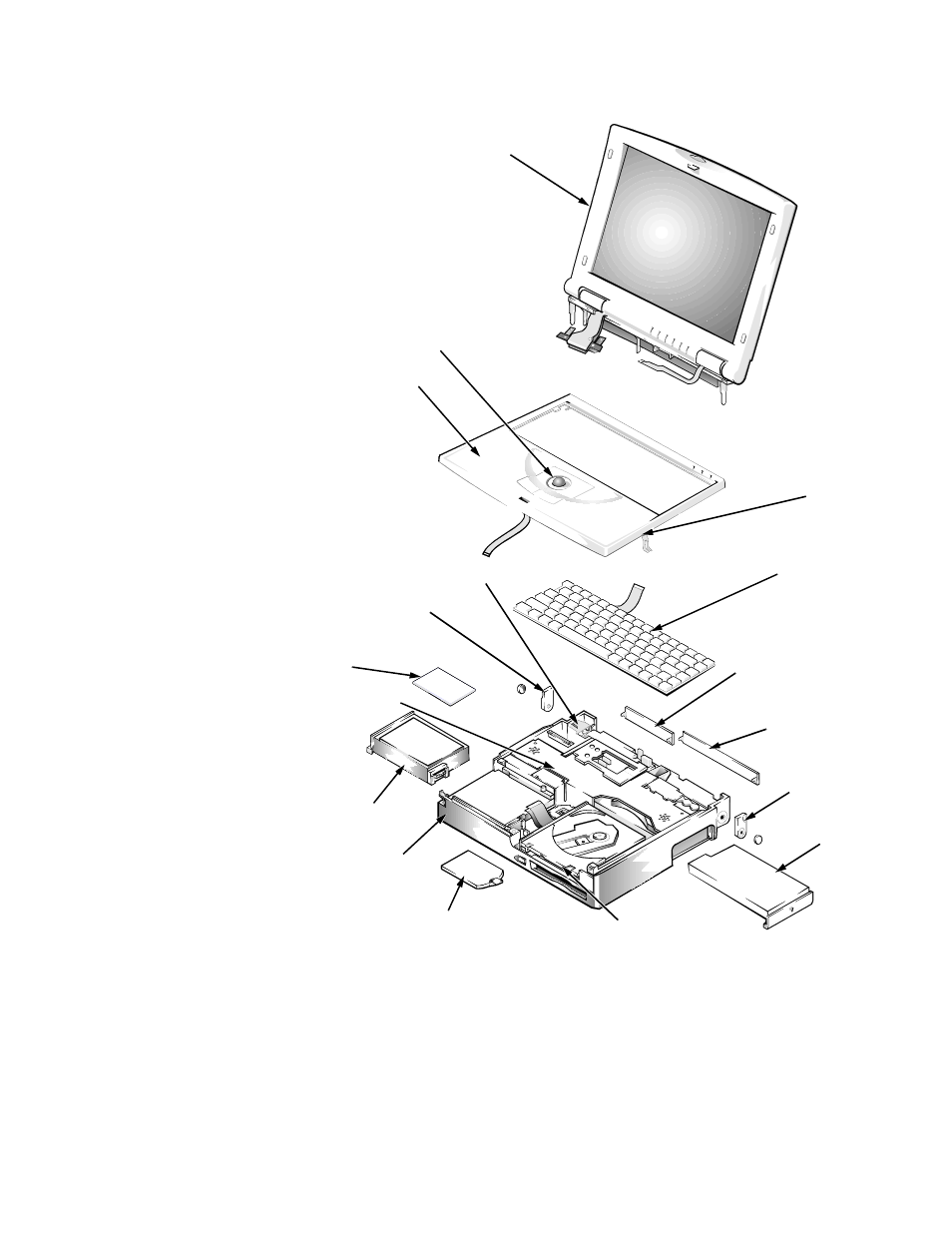 Field-replaceable parts and assemblies, Field-replaceable parts and assemblies -6, Ield-replaceable parts and assemblies | Figure 4-5. exploded view—computer | Dell Latitude Xpi CD User Manual | Page 44 / 122