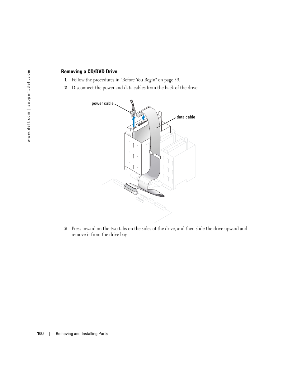 Removing a cd/dvd drive | Dell Dimension 8400 User Manual | Page 100 / 146