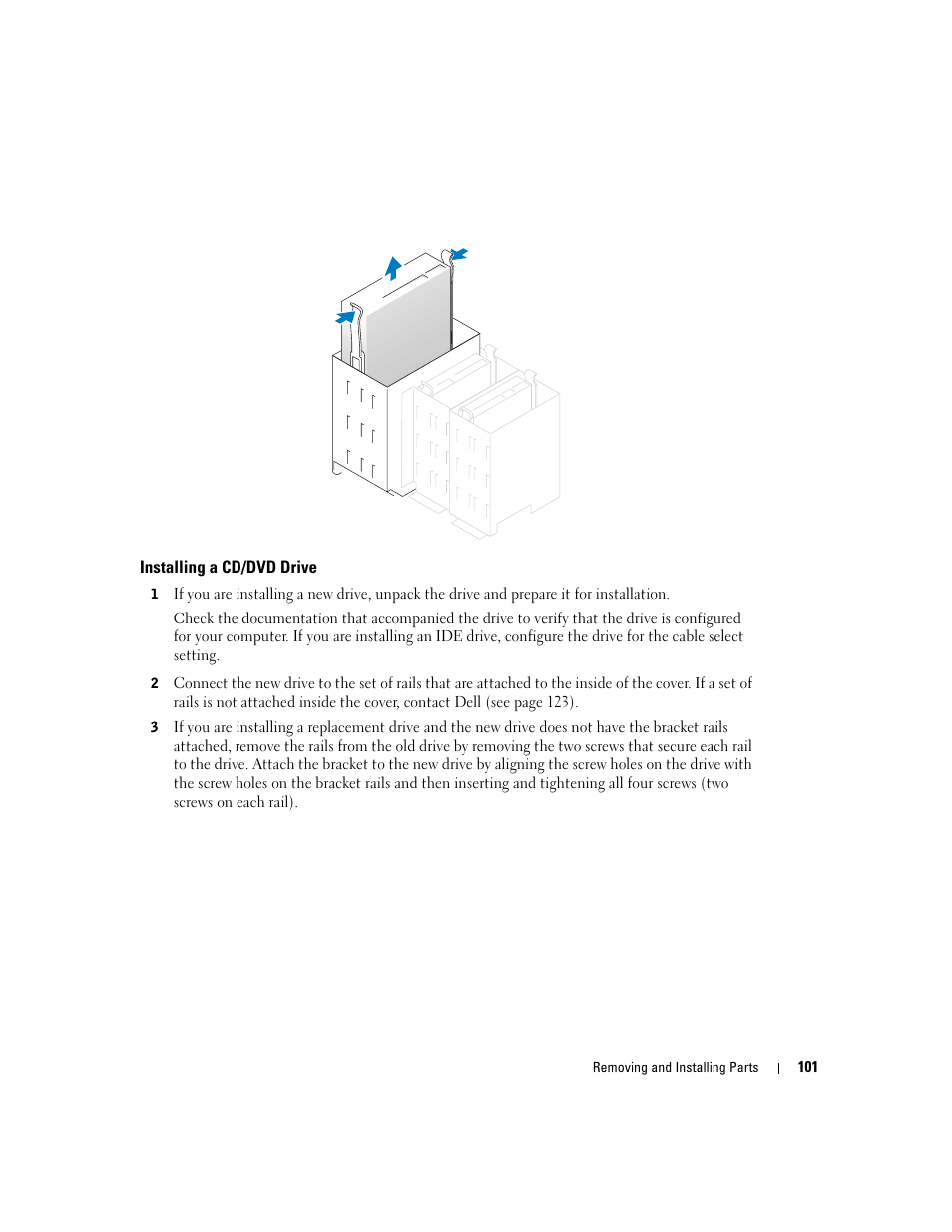 Installing a cd/dvd drive | Dell Dimension 8400 User Manual | Page 101 / 146