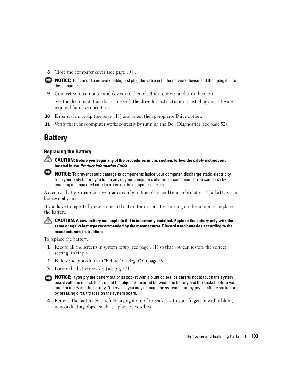 Battery, Replacing the battery | Dell Dimension 8400 User Manual | Page 103 / 146