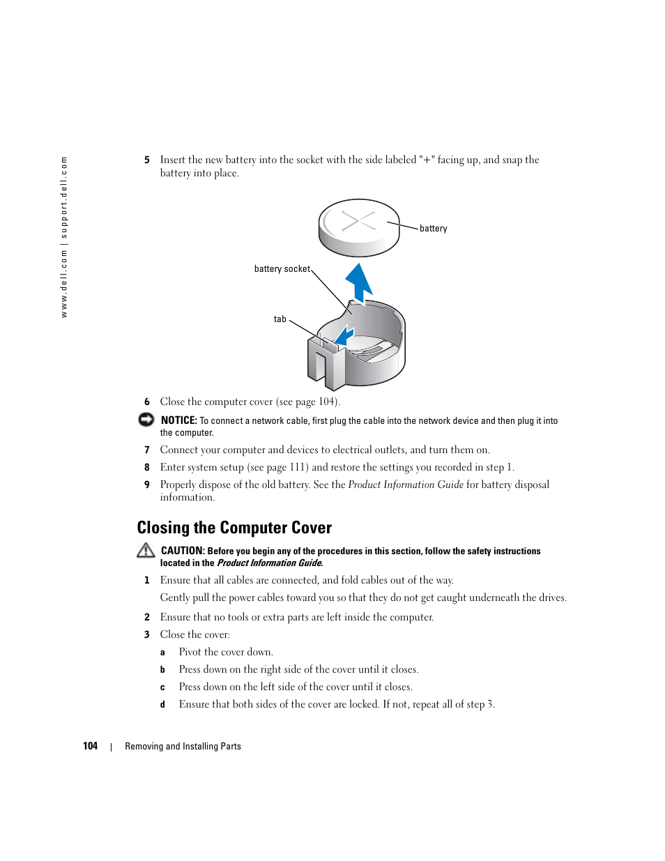 Closing the computer cover, Settings in step 8 | Dell Dimension 8400 User Manual | Page 104 / 146