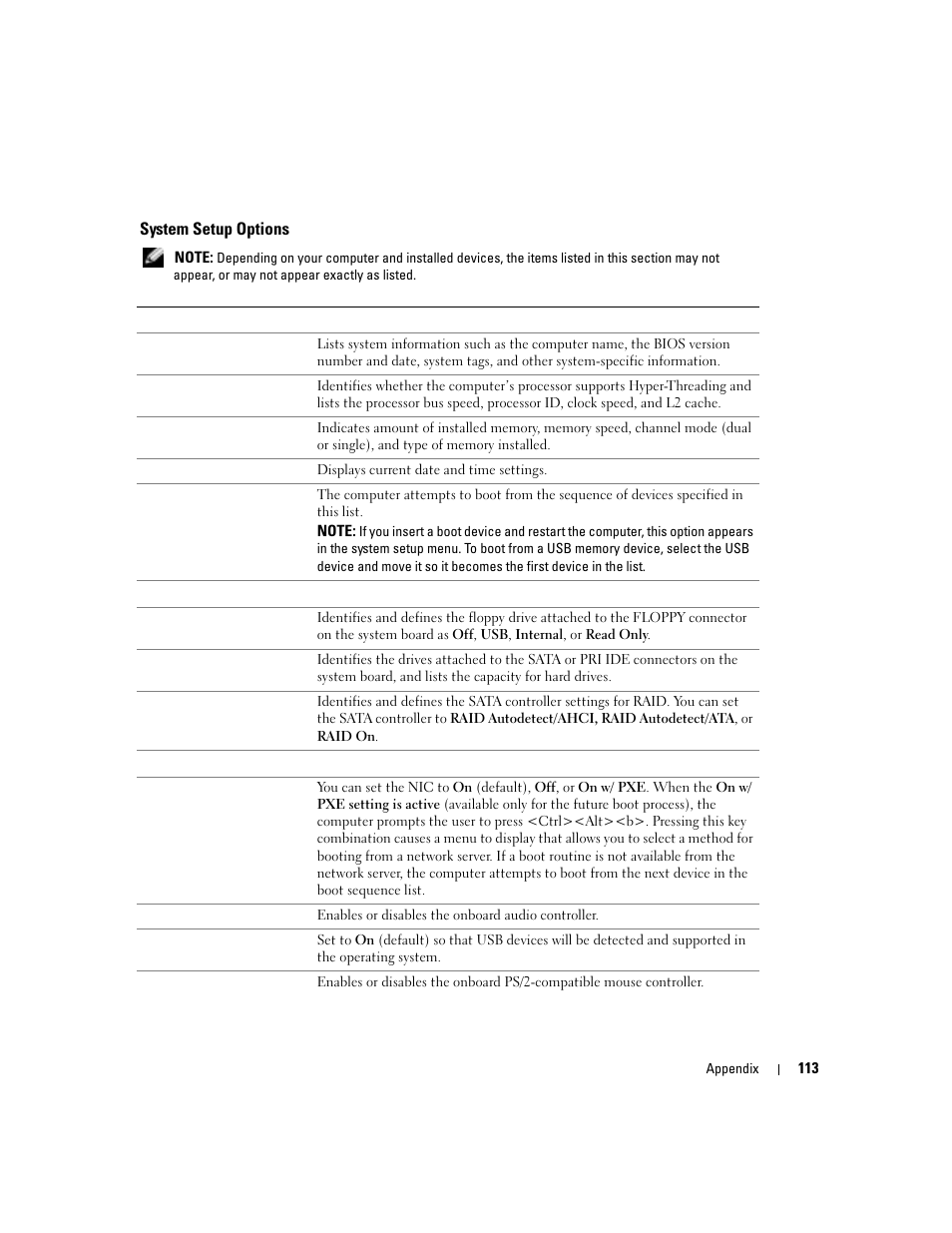 System setup options | Dell Dimension 8400 User Manual | Page 113 / 146